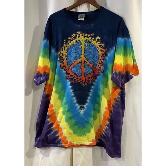 Vintage Liquid Blue Men/Women Multicolor Peace Sign Tie-Dye‎ Graphic Shirt XL